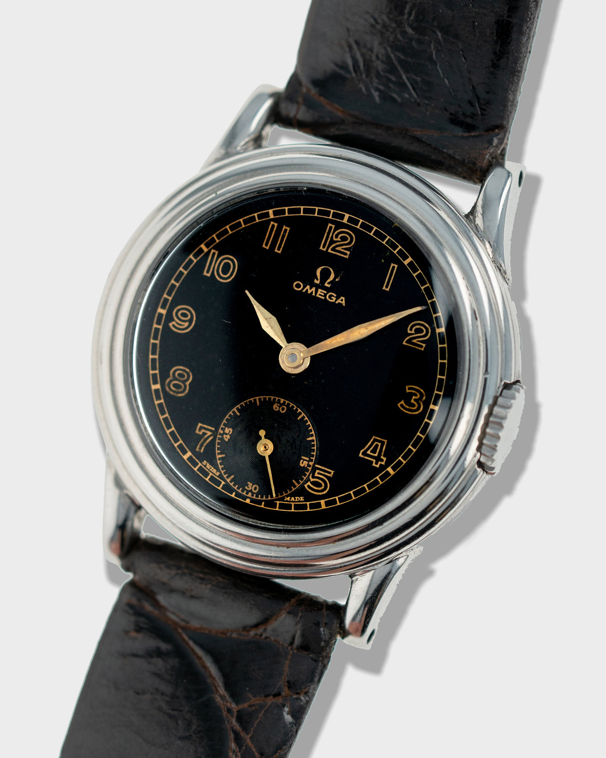 1939 Vintage Steel Omega Calatrava - Black Gilt Dial with Stepped Case