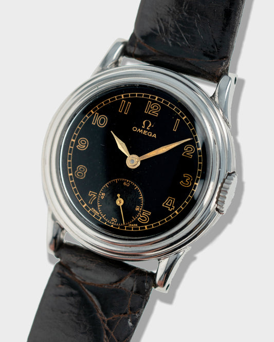 1939 Vintage Steel Omega Calatrava - Black Gilt Dial with Stepped Case