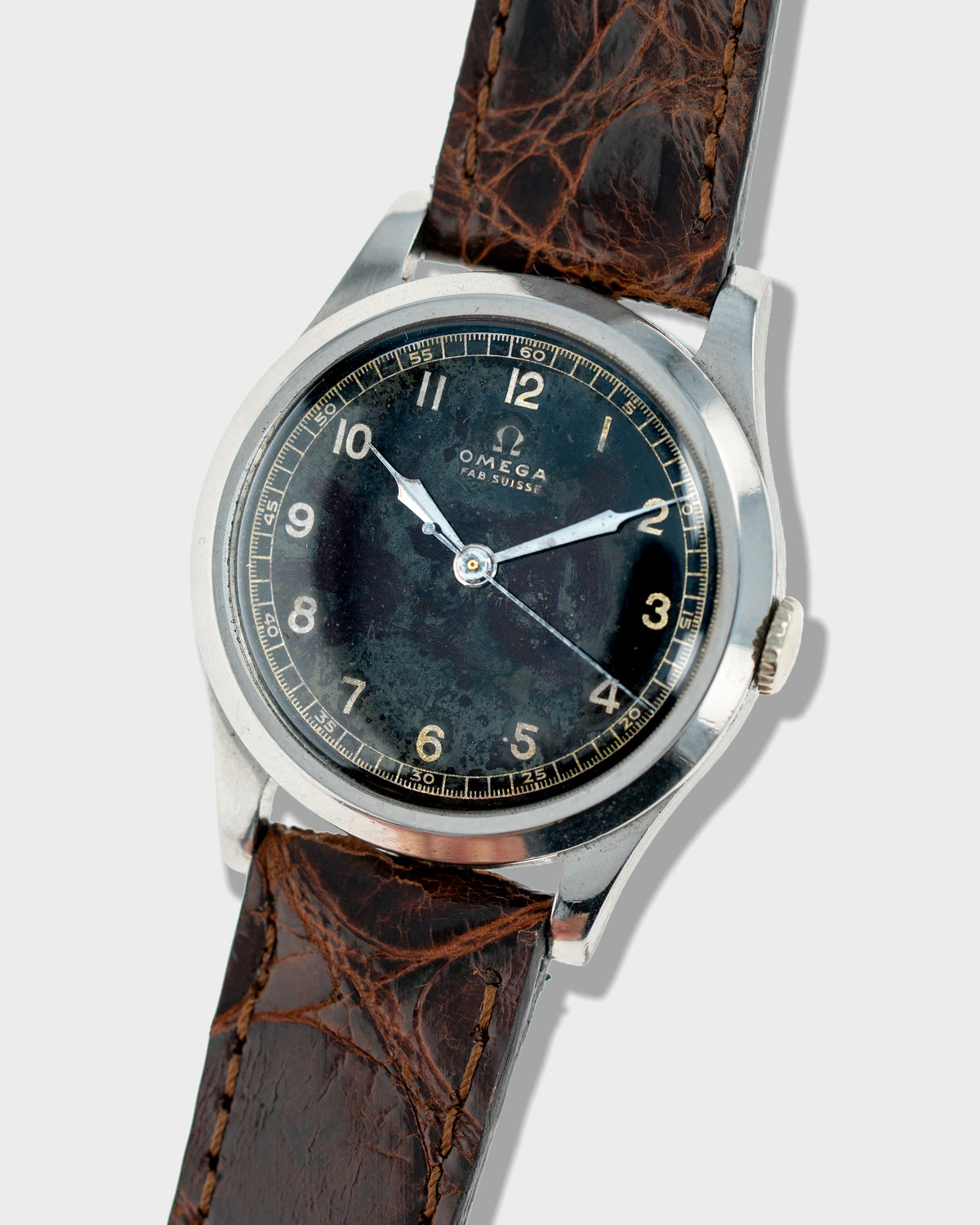 1938 Vintage Steel Omega Calatrava - Fab. Suisse Black Gilt Dial