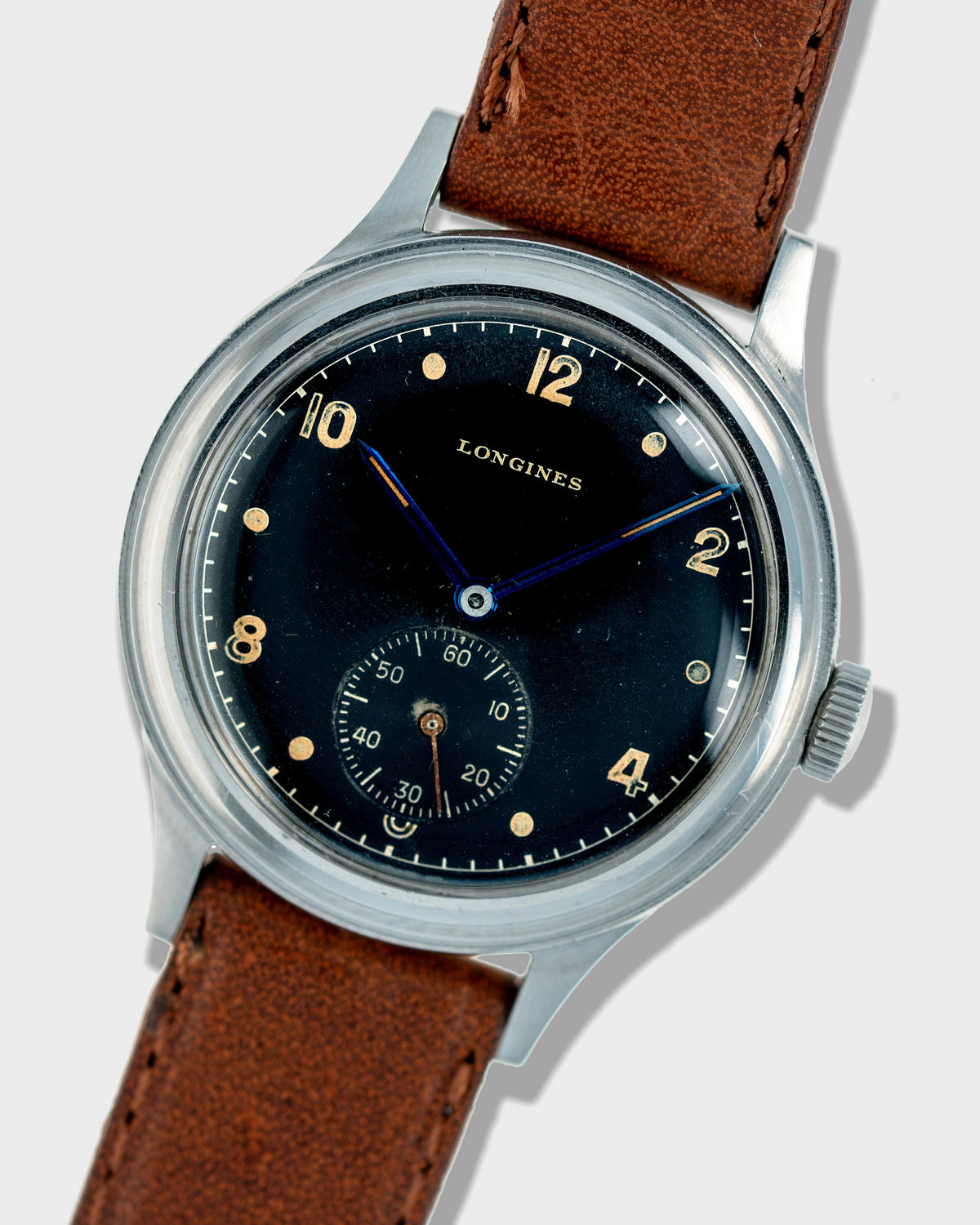 1942 Vintage Steel Longines Military Stepped Case Sei Tacche - Black Dial