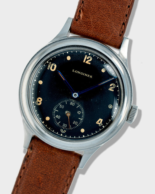 1942 Vintage Steel Longines Military Stepped Case Sei Tacche - Black Dial