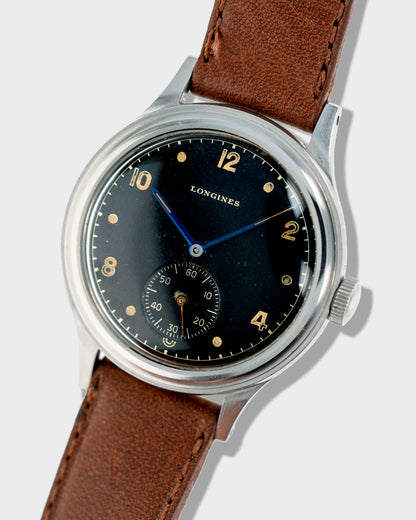 1942 Vintage Steel Longines Military Stepped Case Sei Tacche - Black Dial