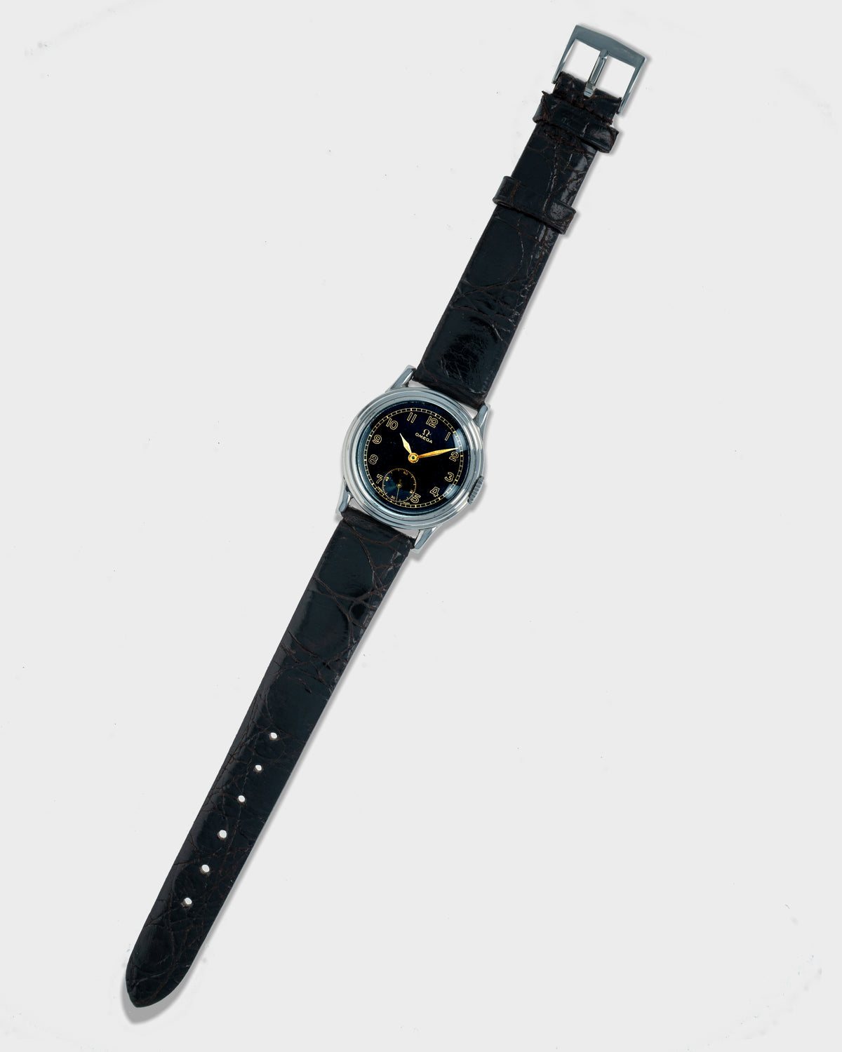 1939 Vintage Steel Omega Calatrava - Black Gilt Dial with Stepped Case