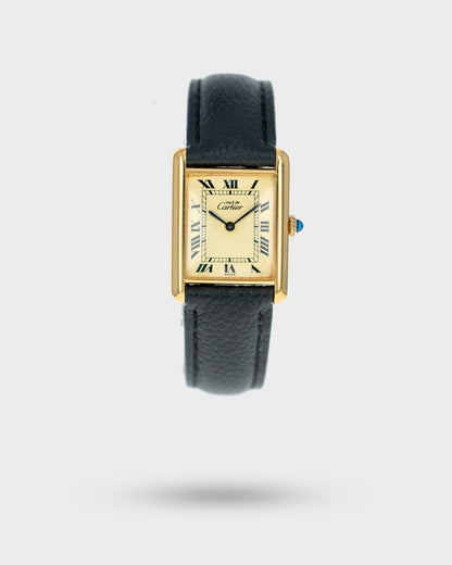 1970's Vintage Vermeil Cartier Must de Tank Vermeil Large Model - Yellow 'Lemon' Dial with Box and Cartier Strap
