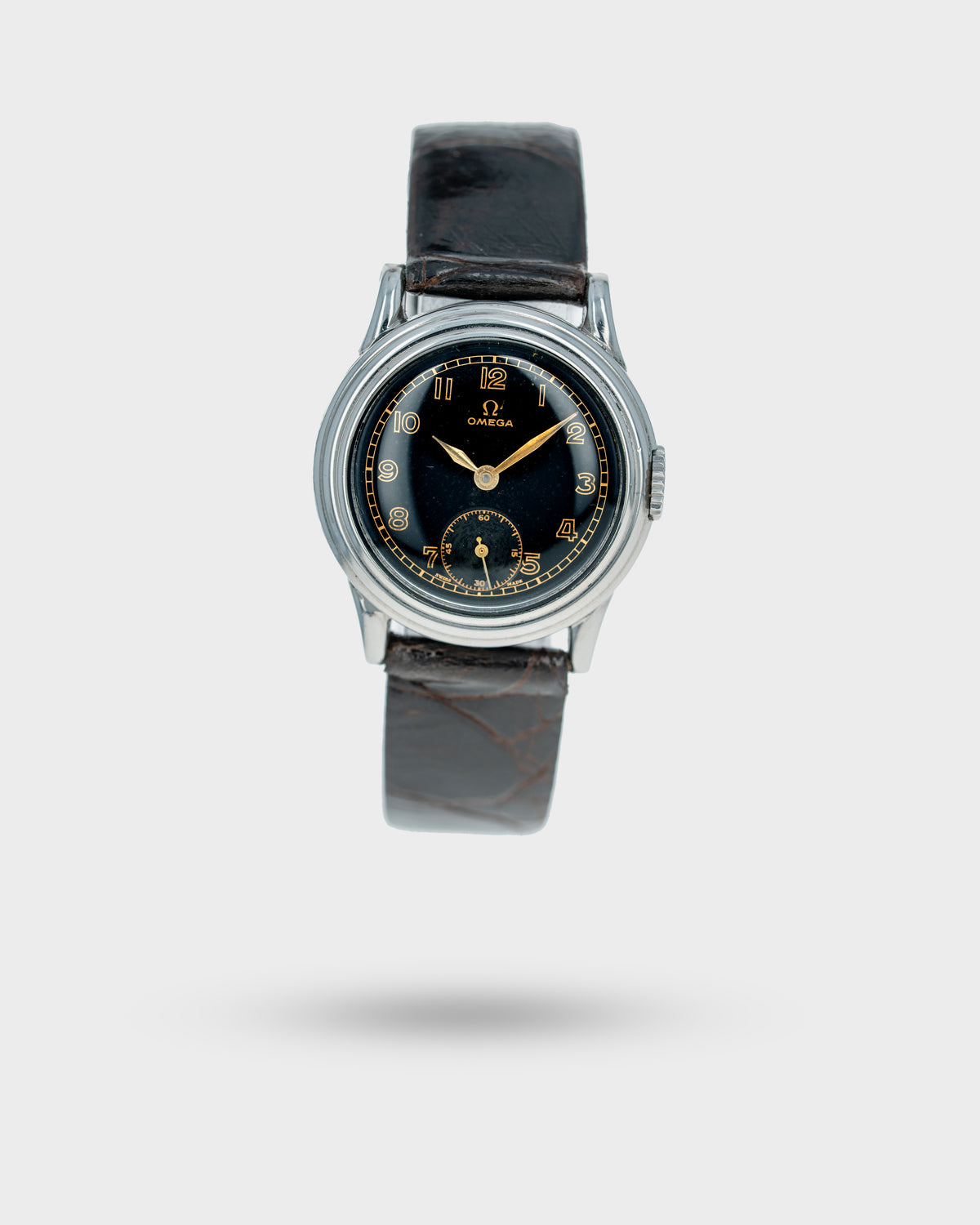 1939 Vintage Steel Omega Calatrava - Black Gilt Dial with Stepped Case
