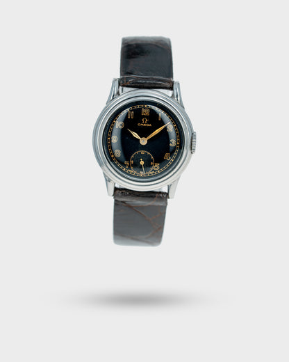 1939 Vintage Steel Omega Calatrava - Black Gilt Dial with Stepped Case