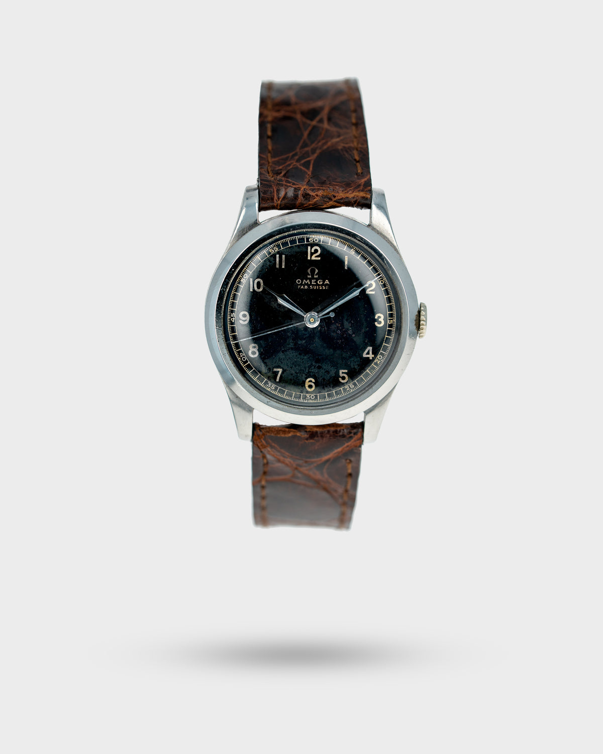 1938 Vintage Steel Omega Calatrava - Fab. Suisse Black Gilt Dial