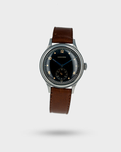1942 Vintage Steel Longines Military Stepped Case Sei Tacche - Black Dial