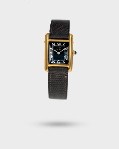 1970's Vintage Vermeil Cartier Must de Tank Small Model - Black Dial with Cartier Strap