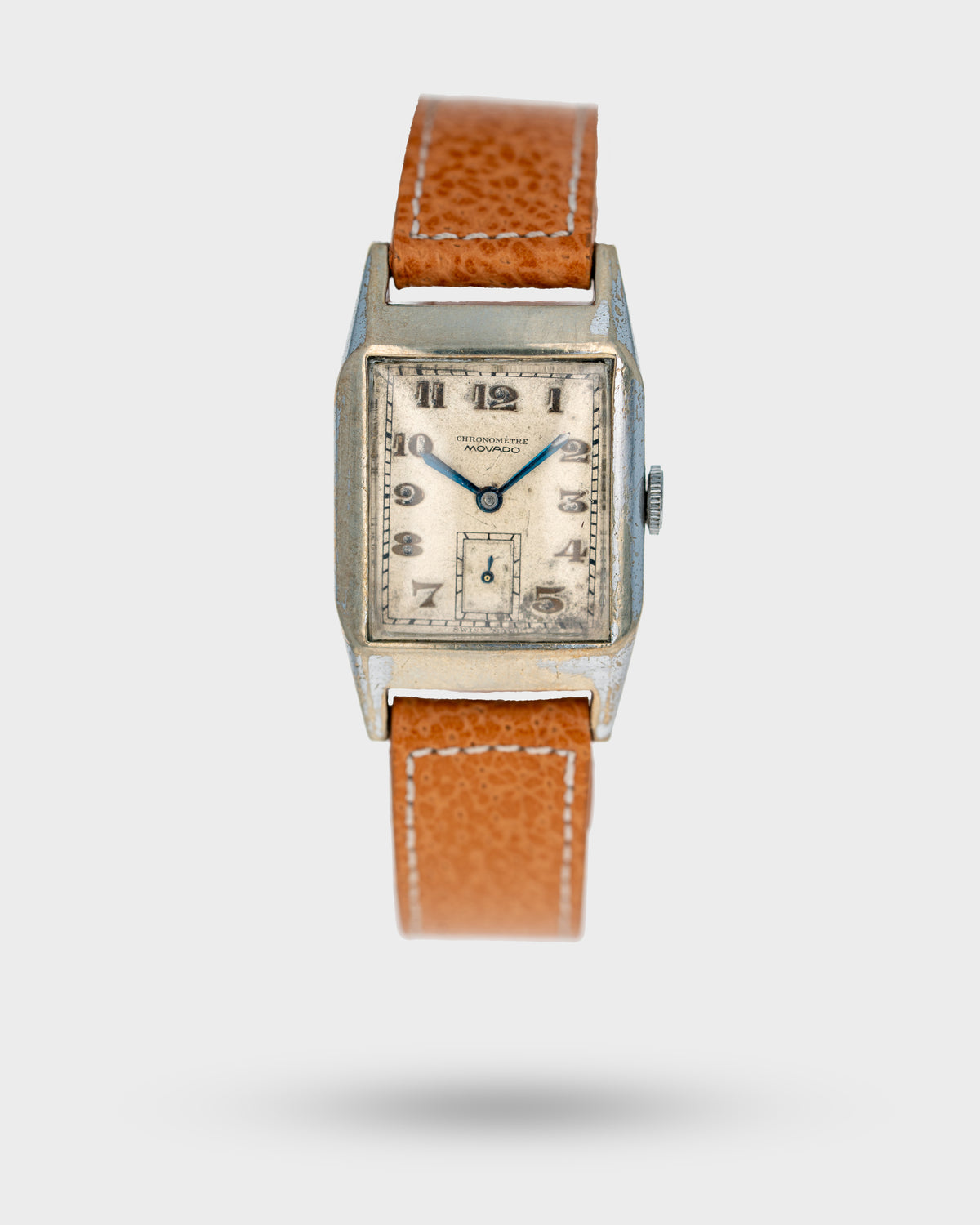 1930's Vintage Steel Movado Chronometre Rectangle - Silver Dial with Breguet Numerals