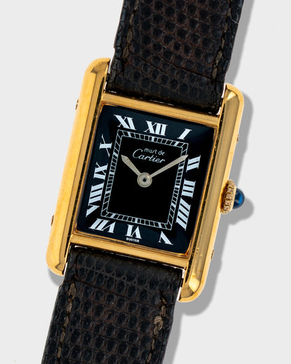 1970's Vintage Vermeil Cartier Must de Tank Small Model - Black Dial with Cartier Strap