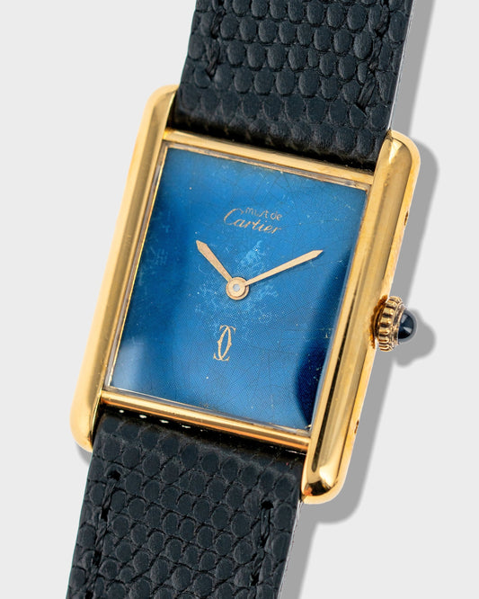 1970's Vintage Vermeil Cartier Tank Must de Large Model - Blue 'Lapis' Spider Dial