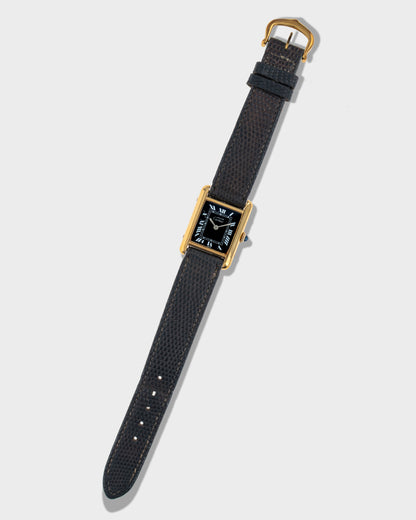 1970's Vintage Vermeil Cartier Must de Tank Small Model - Black Dial with Cartier Strap
