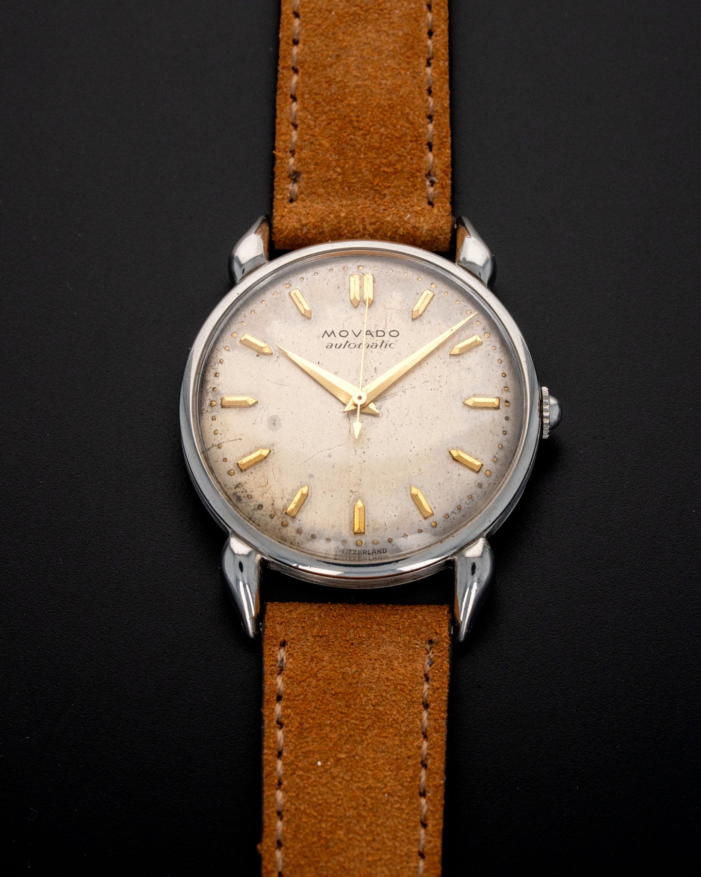 1950's Vintage Movado 'Horn-Lug' Calatrava Automatic - Patinated Silver Dial