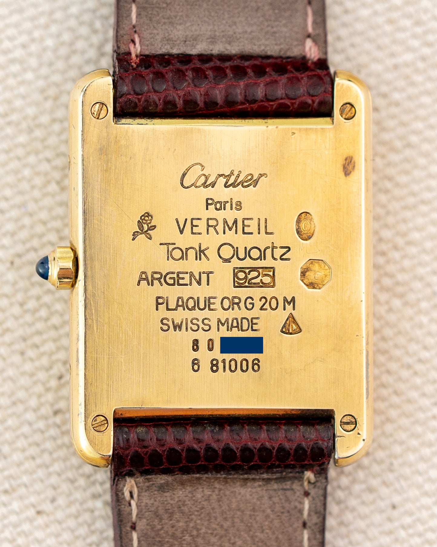 1990's Vintage Cartier Tank Must de Vermeil Large Model Ref. 681008 - Burgundy Red Dial