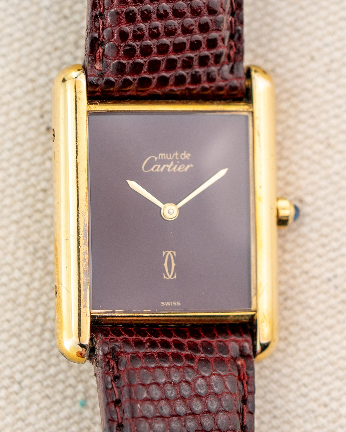 1990's Vintage Cartier Tank Must de Vermeil Large Model Ref. 681008 - Burgundy Red Dial