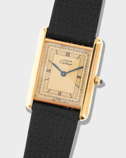 1980's Vintage Cartier Must de Tank Quartz Vermeil Large Model Ref. 59005 - Two-Tone Art Deco Roman Lemon Dial